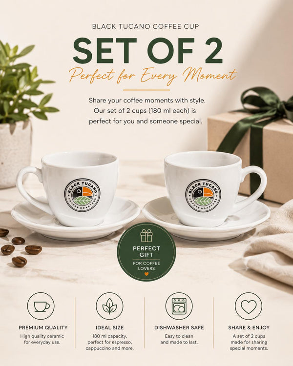 Black Tucano Premium Ceramic Coffee Cup with Saucer | 180ml Espresso & Cappuccino Mug