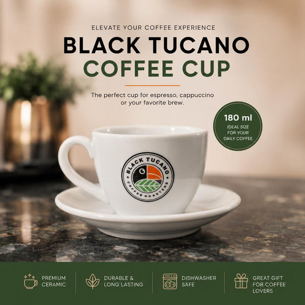 Black Tucano Premium Ceramic Coffee Cup with Saucer | 180ml Espresso & Cappuccino Mug